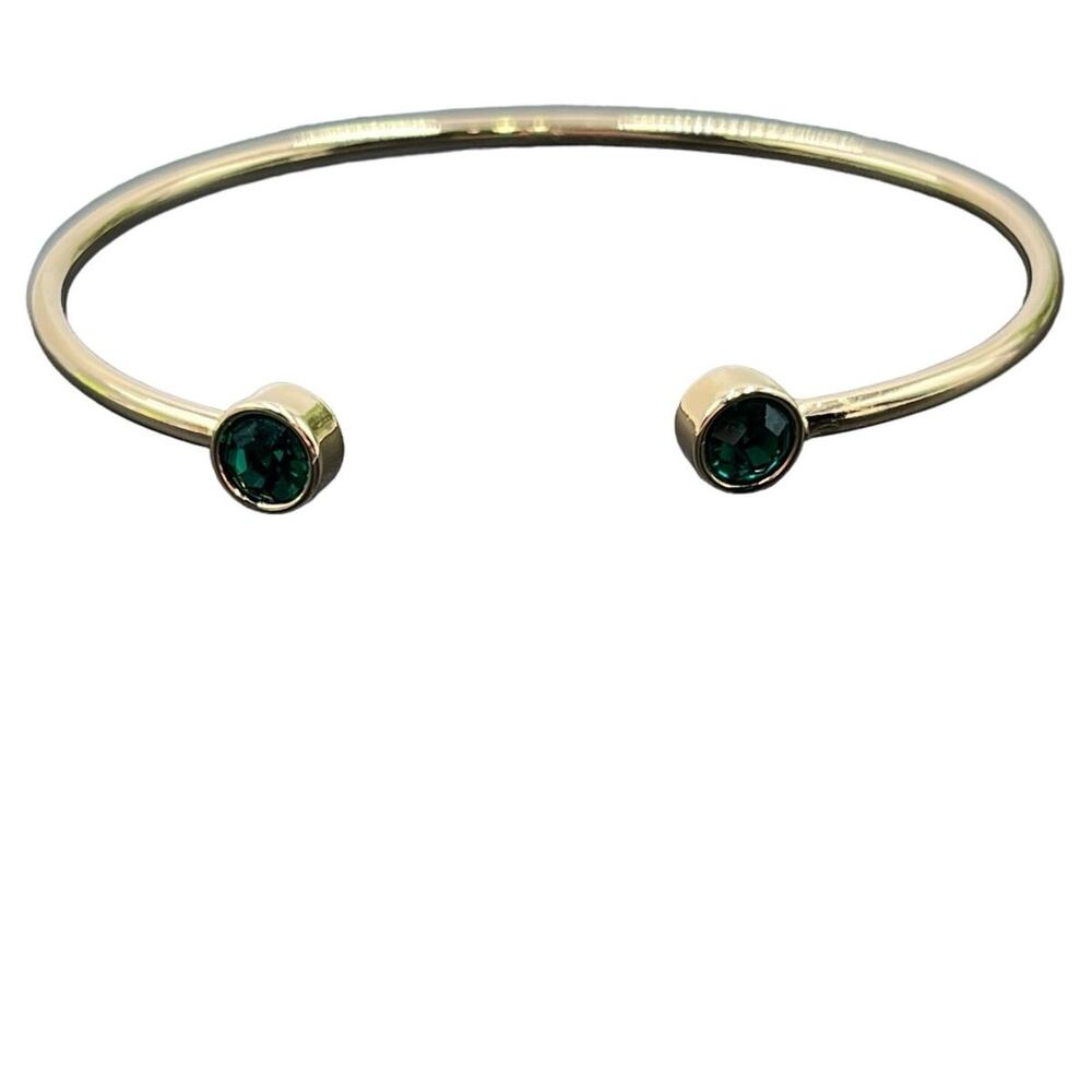 Alex and Ani Emerald Flex Cuff Bracelet Brass Shiny Gold Green Stone